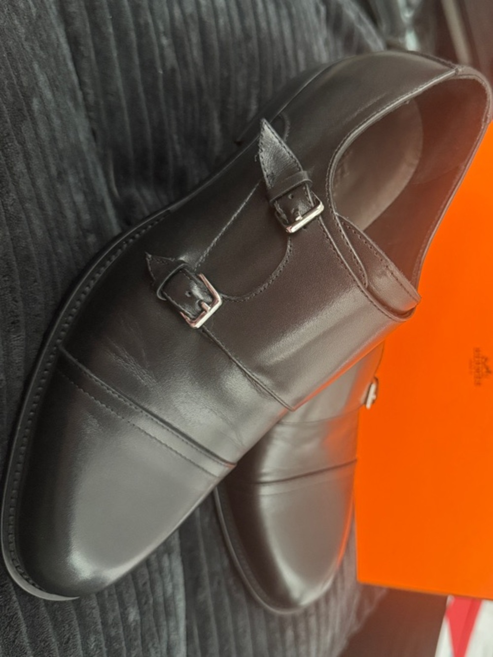 Hermes Black Double Monk Strap Leather Shoes